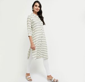 Women Striped Viscose Rayon Straight Kurta (White)