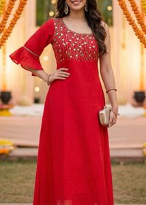 Red Embellished one shoulder kurti