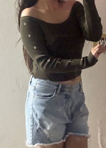 Olive Green Off-Shoulder Eyelet Top