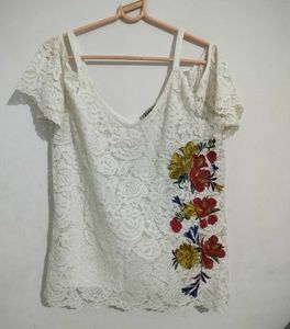White Lace Cold Shoulder Top with Floral Embroider