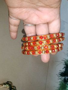 Red &amp; Gold Bangle Set with Peacock Kada
