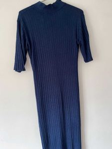 Navy Blue Ribbed Knit Midi Dress