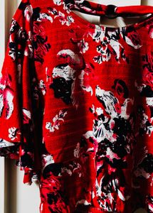Chic Red Floral Print Bell Sleeve Top