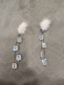 White Fur & Crystal Drop Earrings