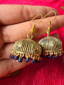 Exquisite Gold Jhumka Earrings with Blue Beads