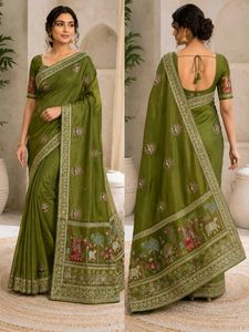 Elegant Green Embroidered Silk Saree
