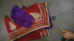 Embroidered Red &amp; Purple Saree with Blouse