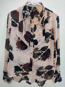 Sheer Floral Print Button-Up Blouse