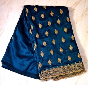 Elegant Teal Saree with Gold Embroidery