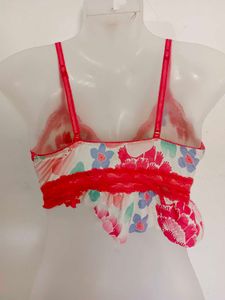 Floral Print Bra with Lace Trim
