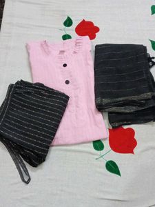 Pink Kurta Set with Black Dupatta & Bottoms