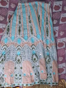 Elegant Blue &amp; Peach Embroidered Lehenga