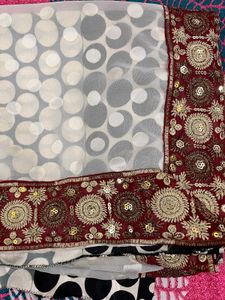 Elegant White & Maroon Saree with Blouse