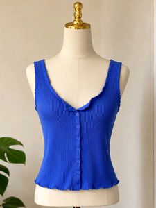 Royal Blue Ribbed Button-Up Crop Top