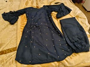 Navy Blue Kurta Set with Pearls