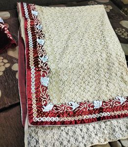 Designer Saree With Red Velvet Blouse And Border