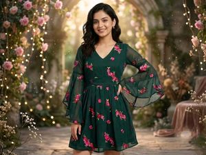 Real embroidery Floral Bell Sleeve Dress
