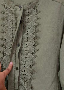 Olive Green Shirt-Style Top with Lace &amp; BellSleves