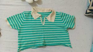 Green &amp; White Striped Crop Top
