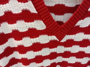 Red and White Striped V-Neck Knit Sweater