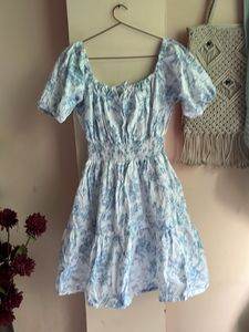 Blue Floral Puff Sleeve Mini Dress