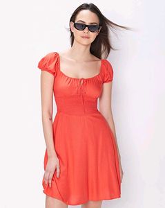 Coral Red Smocked Fit &amp; Flare Mini Dress