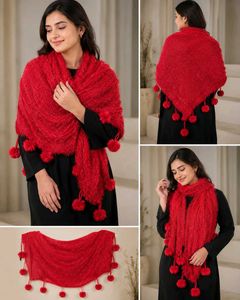 Vibrant Red Pom-Pom Shawl