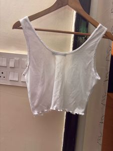 White Ribbed Lettuce Hem Crop Top