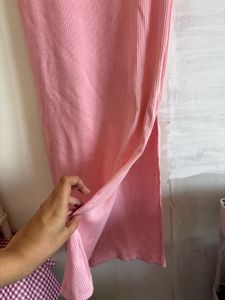Pink Ribbed Midi Dress with Side Slit
