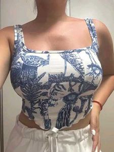 I. Blue & White Botanical Print Crop Top