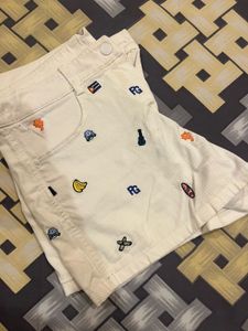 Women's White Embroidered Shorts