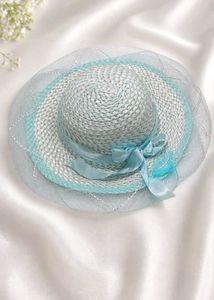 Chic Blue &amp; White Straw Hat with Veil