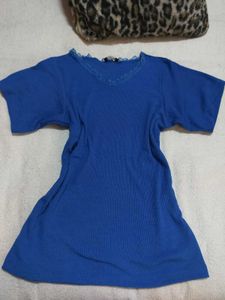 Royal Blue V-Neck T-Shirt with Lace Trim