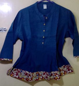 Elegant Blue Kurta with Folk Print Border