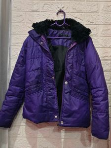 Purple Puffer Jacket with Fur Hood