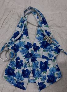 Blue Floral Twist Halter Top