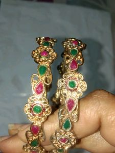 Gold Matte Finish Green And Red Stones Studded Flower Designed Metal Bangles