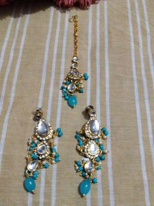 Stunning Blue &amp; White Earrings with mangtika