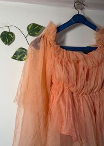 Peach Off-Shoulder Ruffled Tulle Top