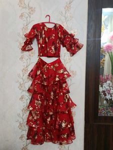 Red Floral crop top and long skirt
