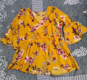 Chic Yellow Floral Bell Sleeve Top