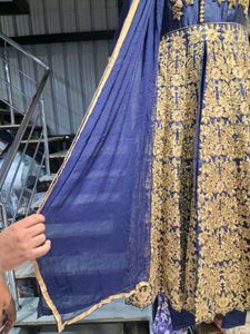 Elegant Blue &amp; Gold Anarkali 3 psc set