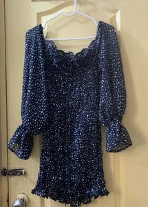 Chic Navy Polka Dot Off-Shoulder Dress