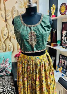 olive green Floral Peplum Lehenga Choli Set