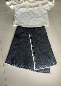 Grey Melange Jersey A-Line Mini Skirt with Buttons