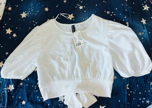 H&amp;M White Puff Sleeve Cropped Top