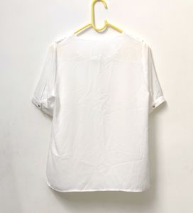Korean White Semi Ruffled Neck Button Up Sheer Top