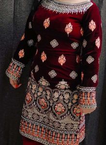 Embroidered Maroon Velvet Kurta