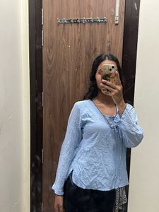 Light Blue V-Neck Long Sleeve Top