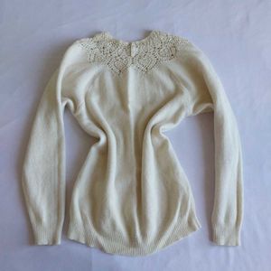 Cream Lace Detail woolen Knit Sweater